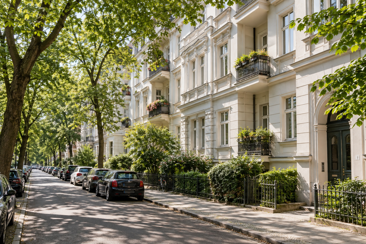 Helle Berliner Wohnhäuser an einer baumbestandenen Straße