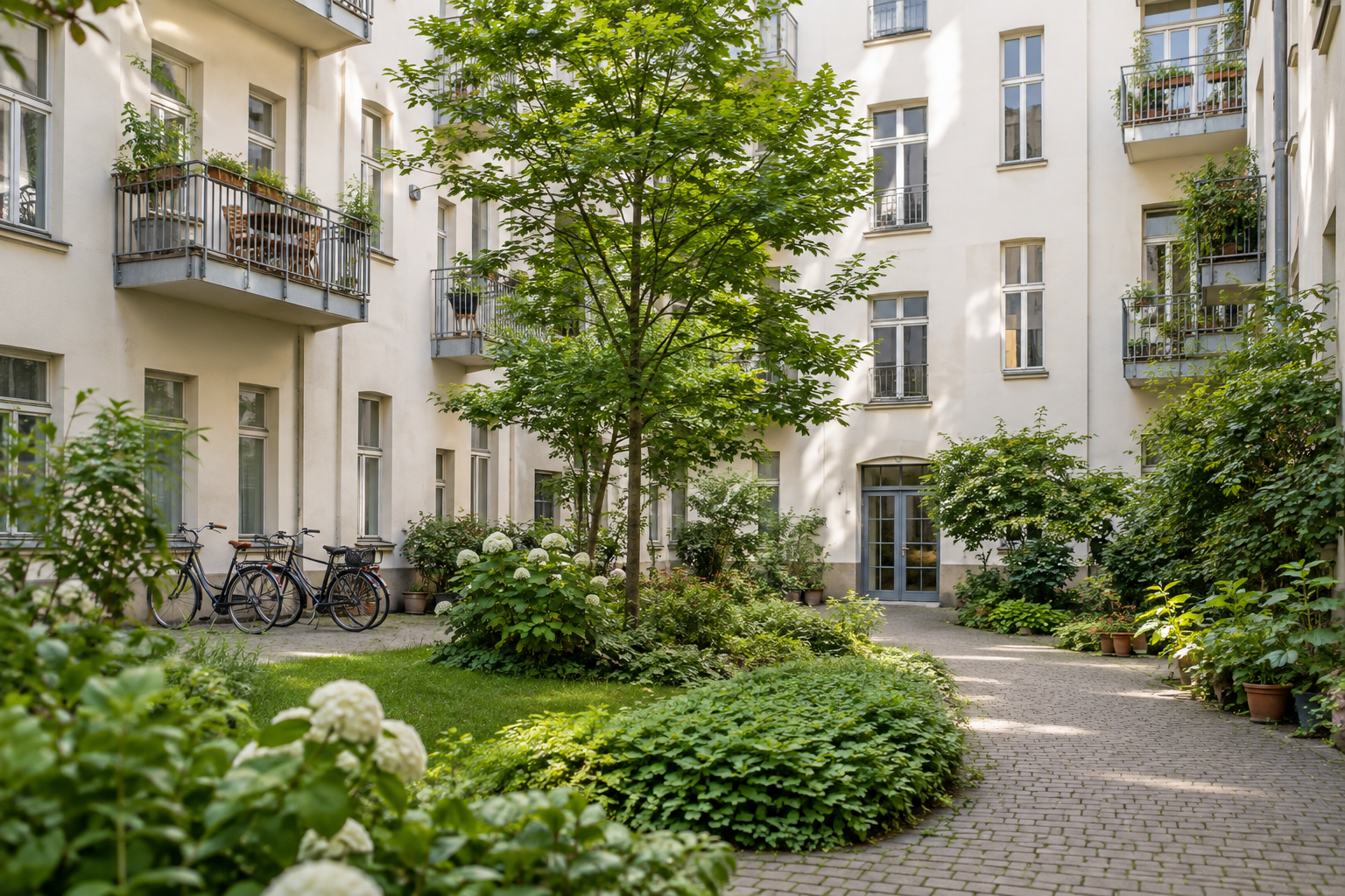 Berliner Wohnhaus mit Balkonen und begrüntem Innenhof