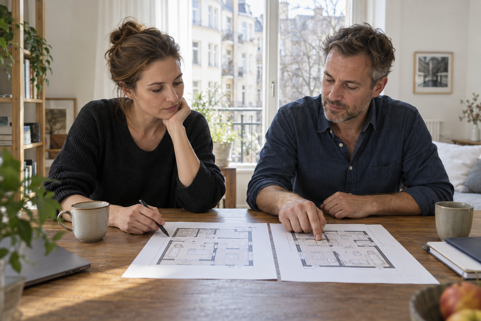Zwei Erwachsene besprechen ihre Wohnungspläne am Tisch