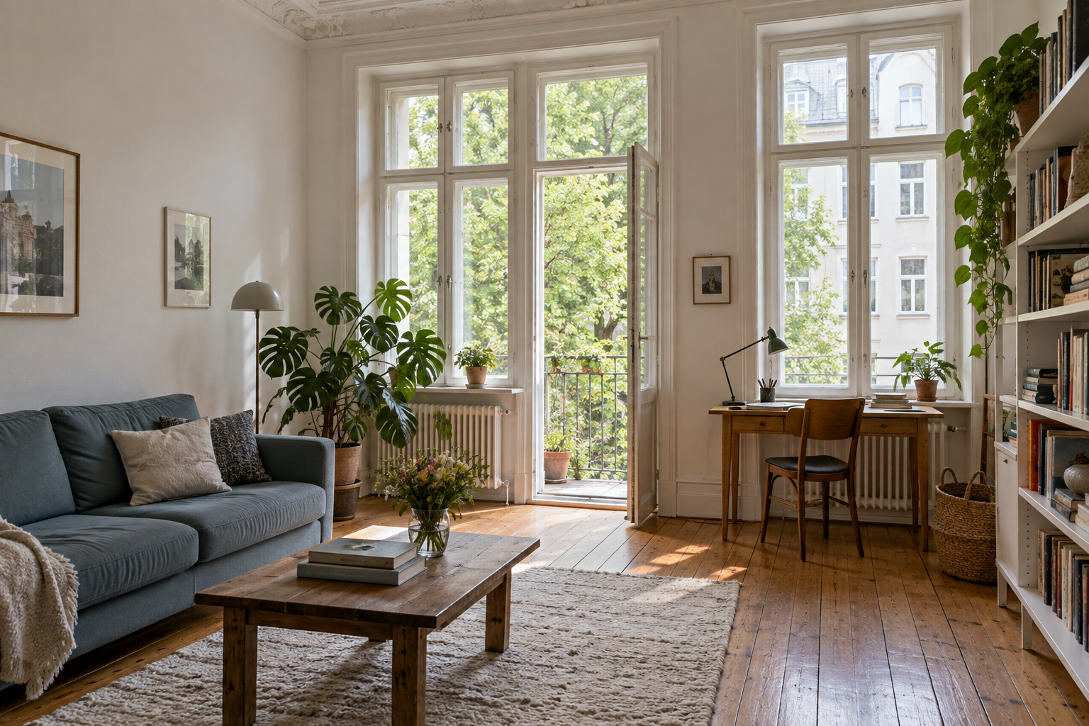 Helles Altbauwohnzimmer mit hohen Fenstern und Dielenboden